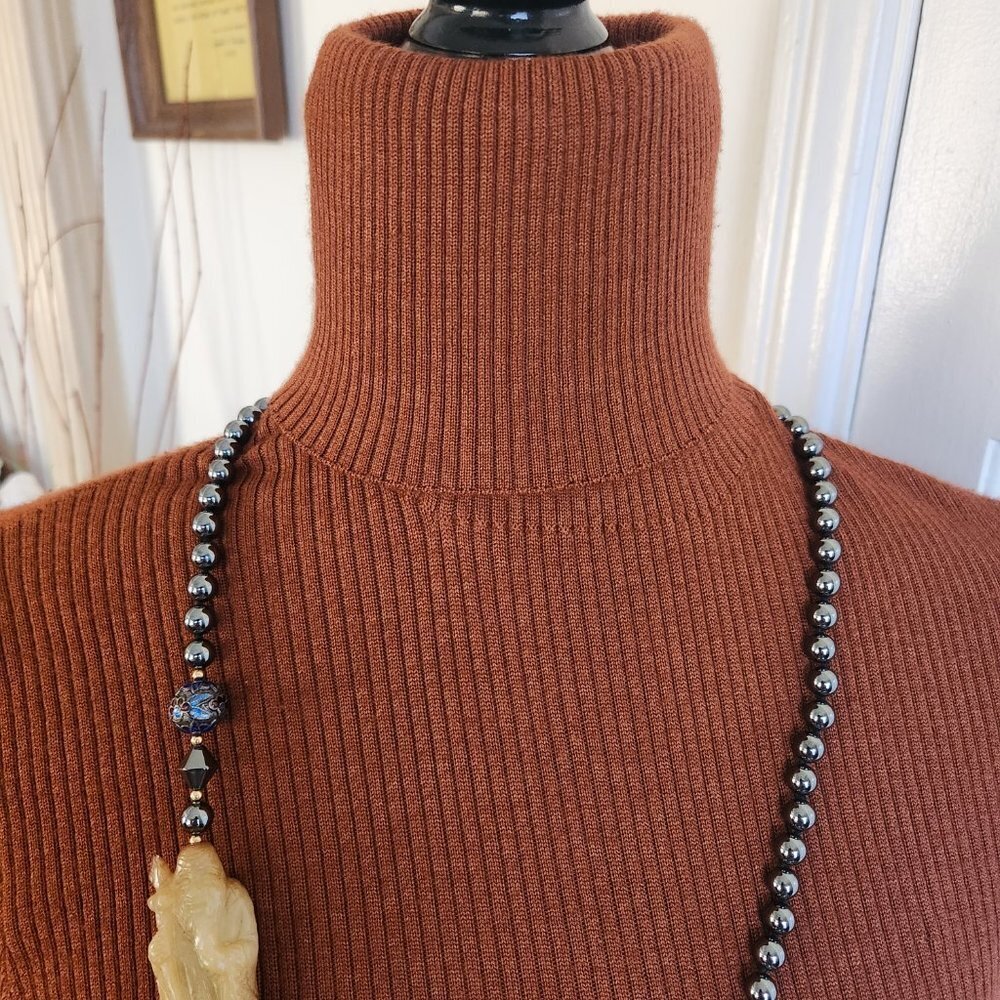 Vintage Hematite, Cloisonné Beaded Necklace with Jade Figurine 33” - Picture 5 of 7